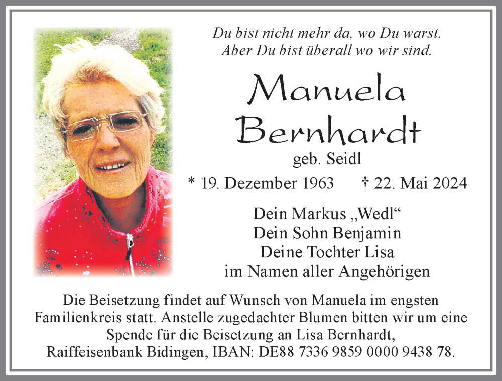 Traueranzeige von Manuela Bernhardt von Allgäuer Zeitung, Marktoberdorf