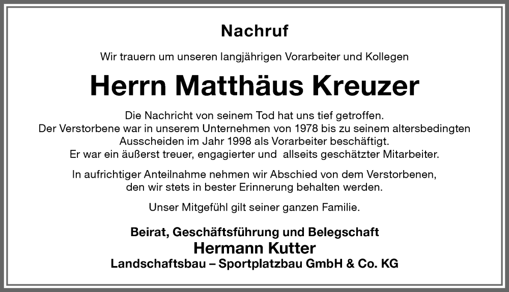 Traueranzeige von Matthäus Kreuzer von Memminger Zeitung
