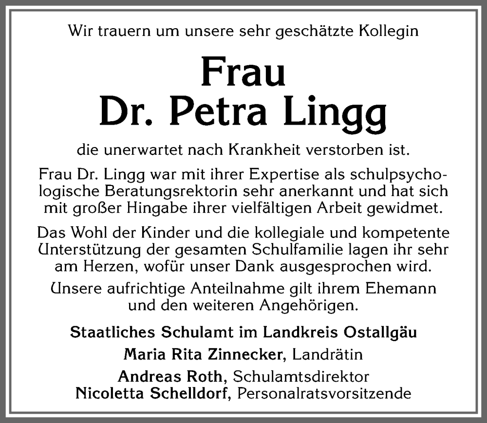 Traueranzeige von Petra Lingg von Allgäuer Zeitung, Kaufbeuren/Buchloe