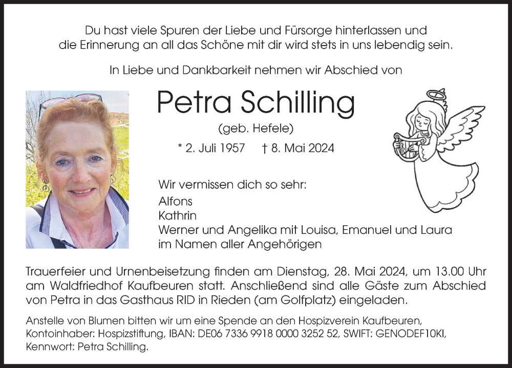 Traueranzeige von Petra Schilling von Allgäuer Zeitung, Kaufbeuren/Buchloe