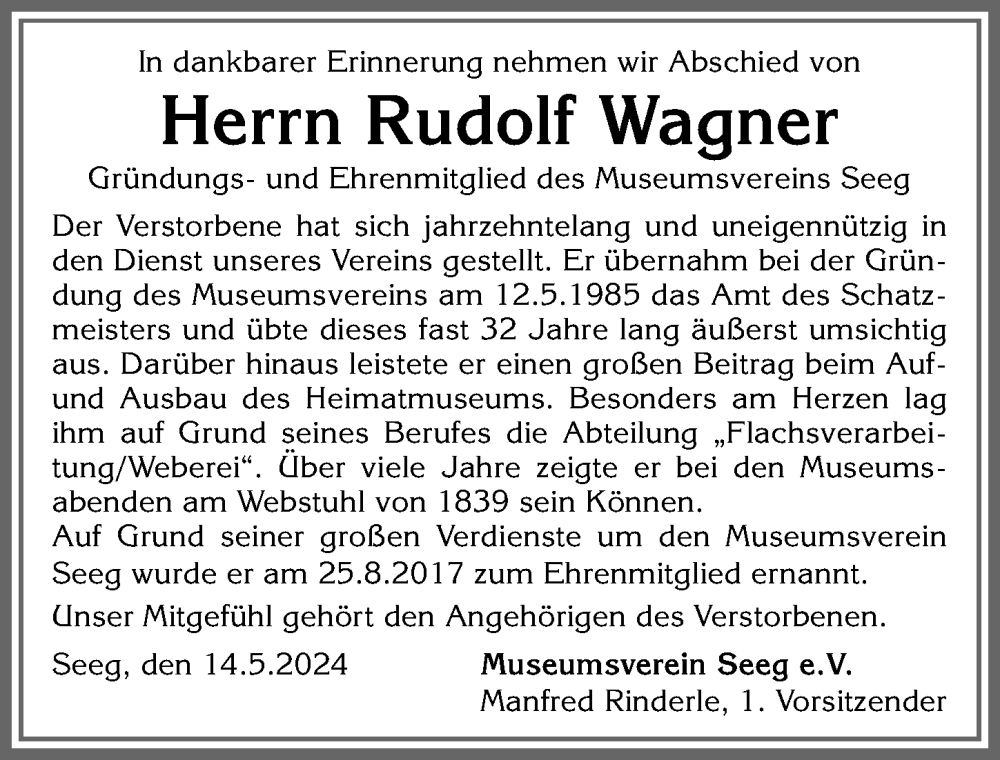 Traueranzeige von Rudolf Wagner von Allgäuer Zeitung, Füssen