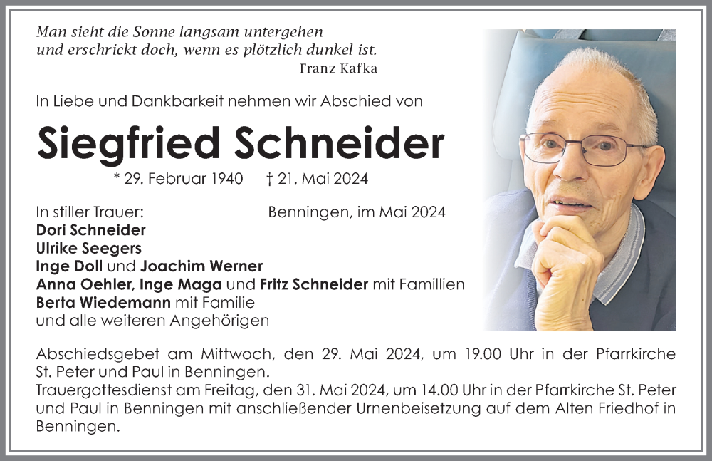 Traueranzeige von Siegfried Schneider von Memminger Zeitung