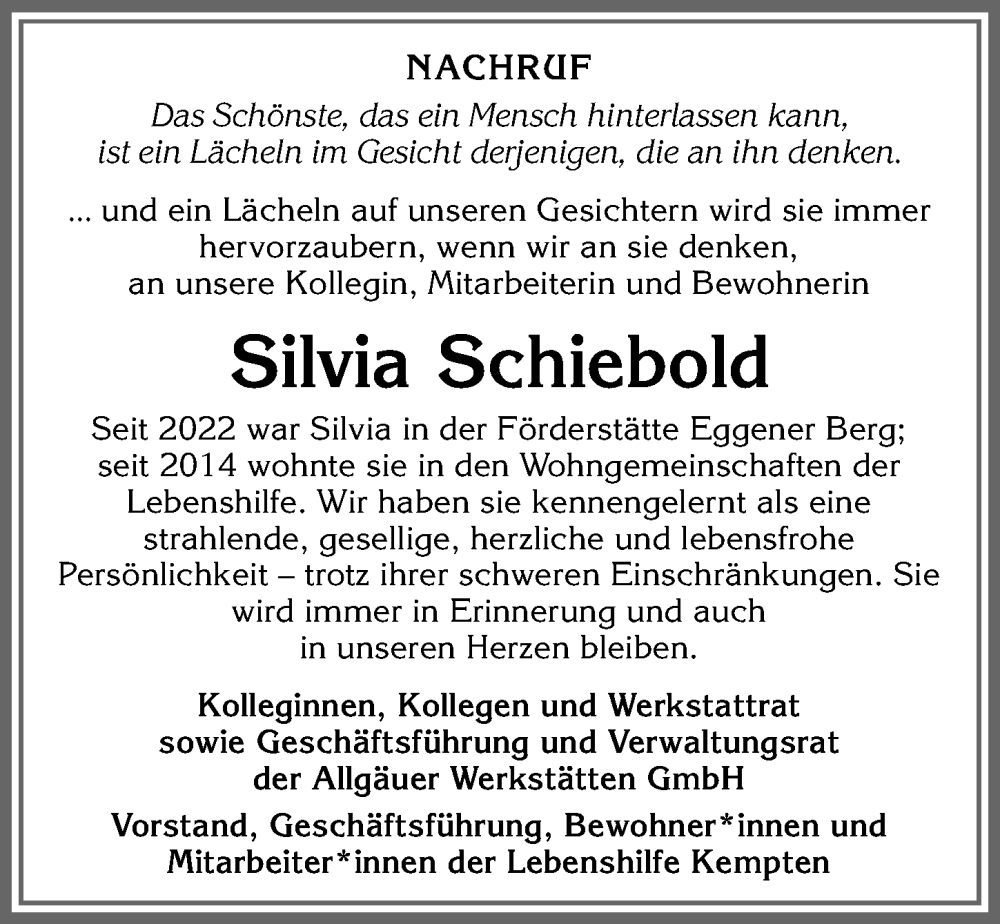 Traueranzeige von Silvia Schiebold von Allgäuer Zeitung,Kempten