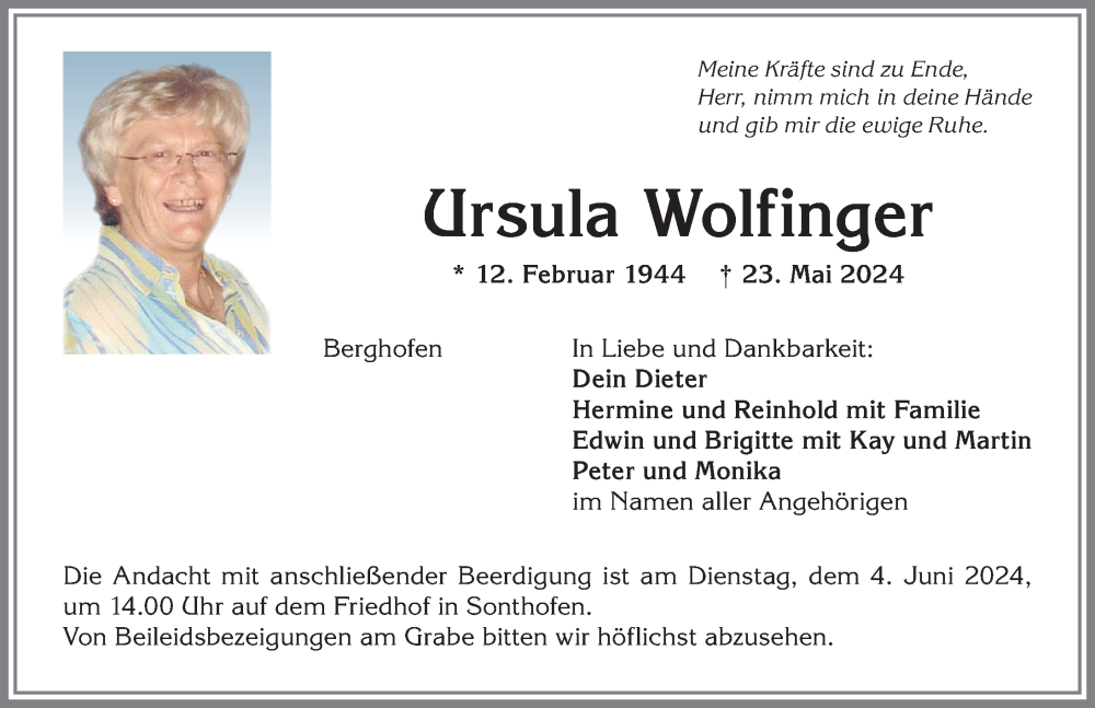 Traueranzeige von Ursula Wolfinger von Allgäuer Anzeigeblatt