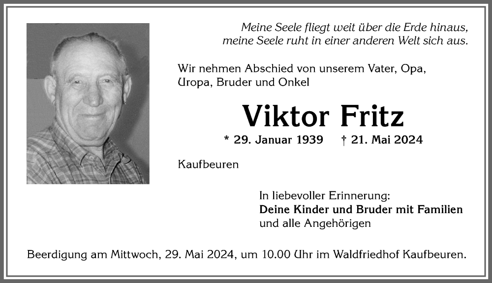 Traueranzeige von Viktor Fritz von Allgäuer Zeitung, Kaufbeuren/Buchloe