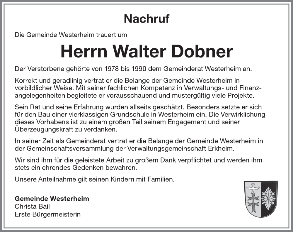 Traueranzeige von Walter Dobner von Memminger Zeitung