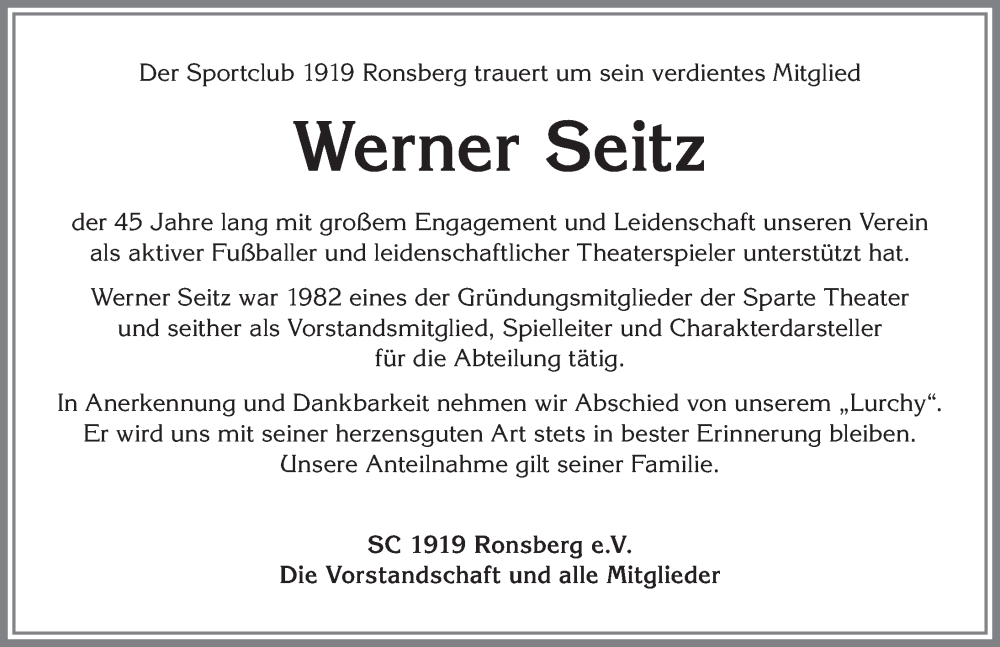 Traueranzeige von Werner Seitz von Allgäuer Zeitung, Marktoberdorf