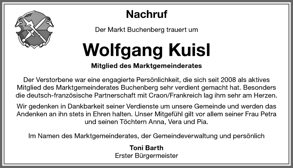 Traueranzeige von Wolfgang Kuisl von Allgäuer Zeitung,Kempten