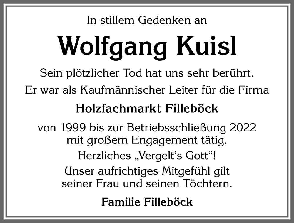 Traueranzeige von Wolfgang Kuisl von Allgäuer Zeitung,Kempten