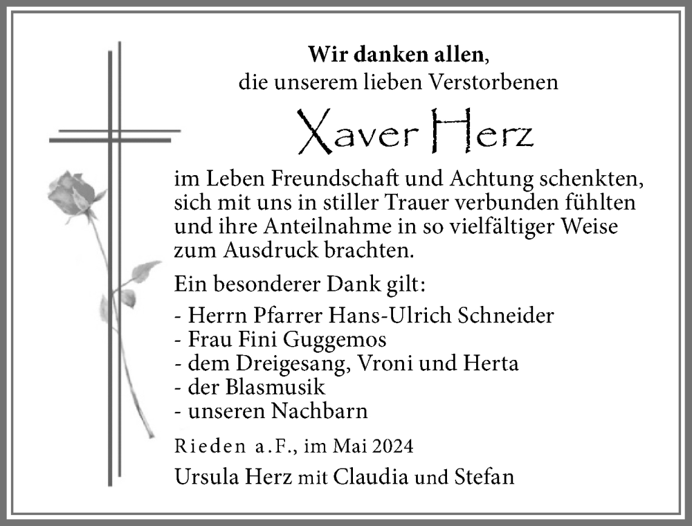 Traueranzeige von Xaver Herz von Allgäuer Zeitung, Füssen