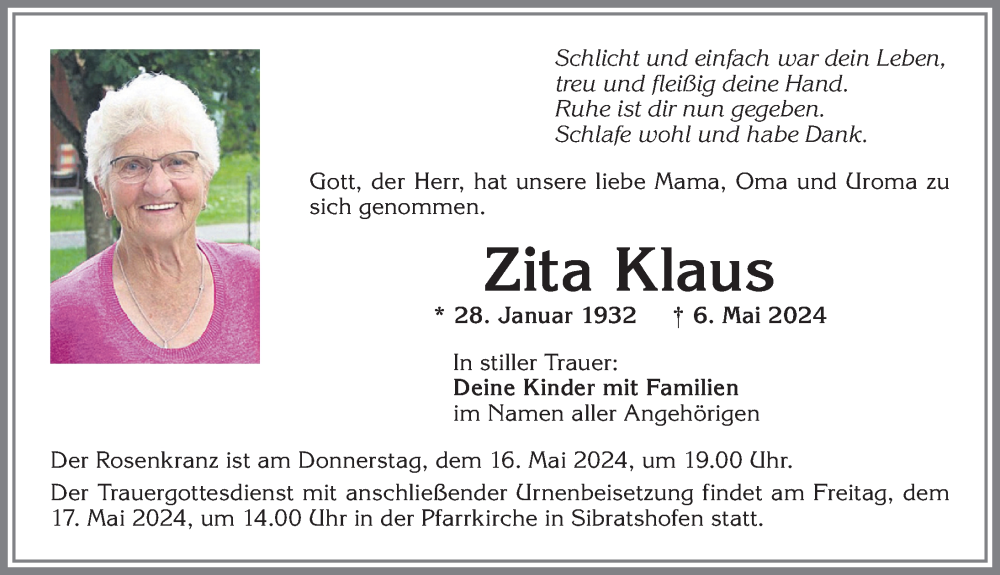 Traueranzeige von Zita Klaus von Allgäuer Zeitung,Kempten