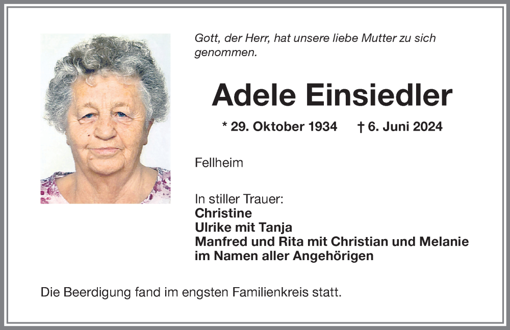 Traueranzeige von Adele Einsiedler von Memminger Zeitung