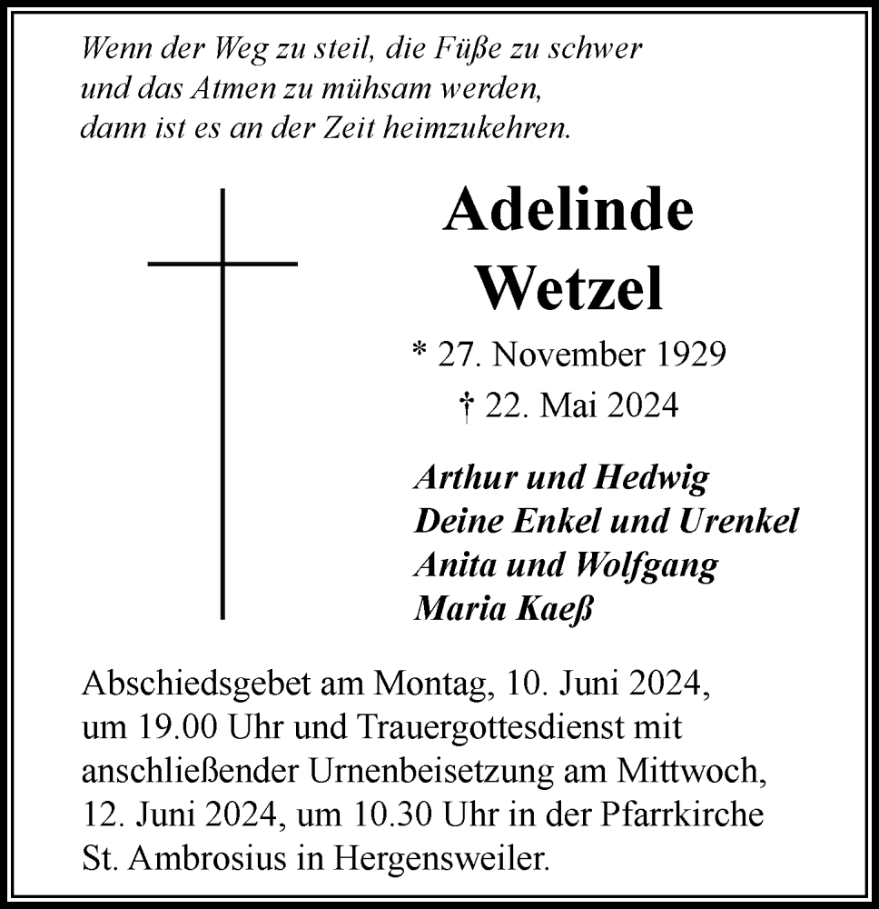 Traueranzeige von Adelinde Wetzel von Der Westallgäuer