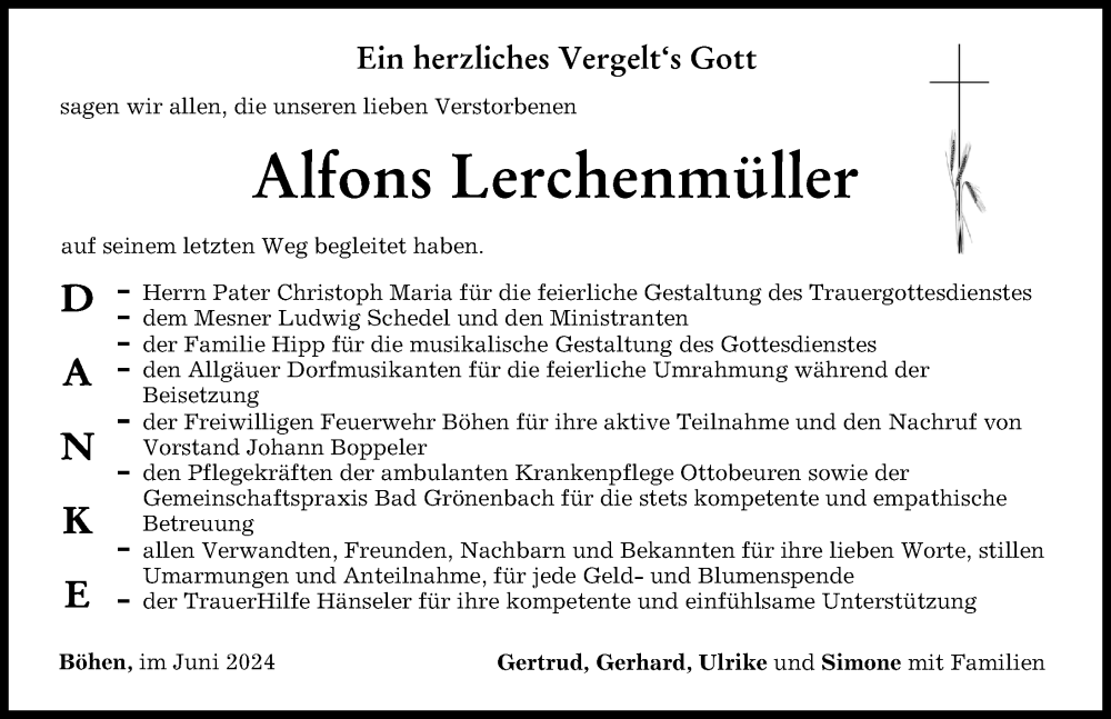 Traueranzeige von Alfons Lerchenmüller von Memminger Zeitung