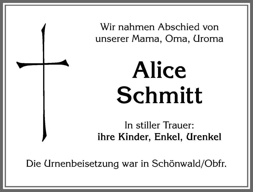 Traueranzeige von Alice Schmitt von Allgäuer Zeitung, Kaufbeuren/Buchloe