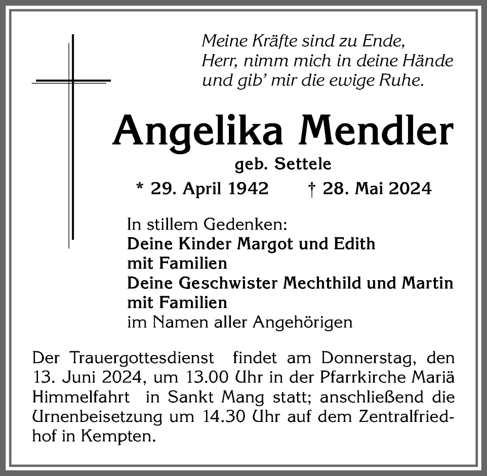 Traueranzeige von Angelika Mendler von Allgäuer Zeitung,Kempten