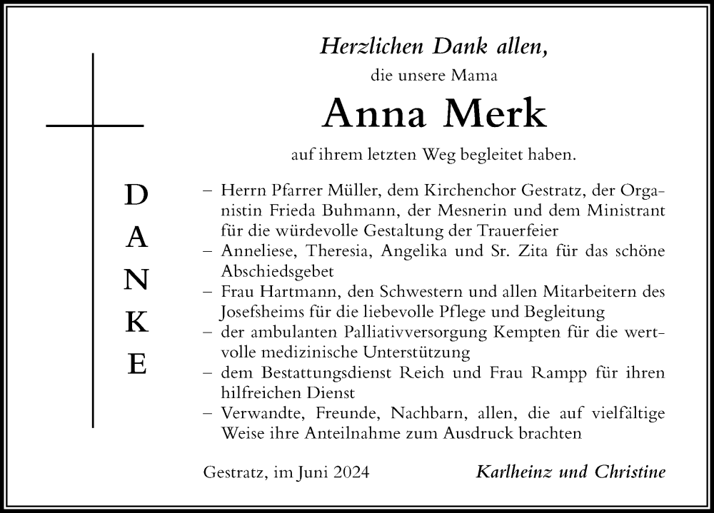 Traueranzeige von Anna Merk von Der Westallgäuer