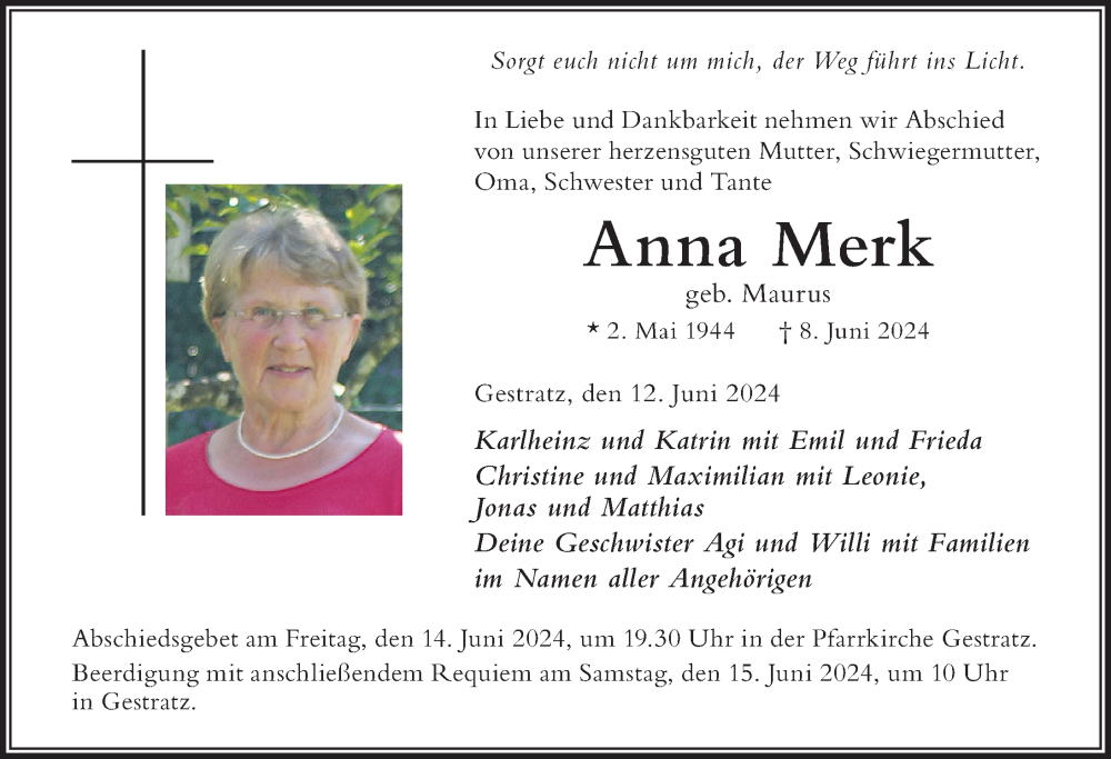 Traueranzeige von Anna Merk von Der Westallgäuer