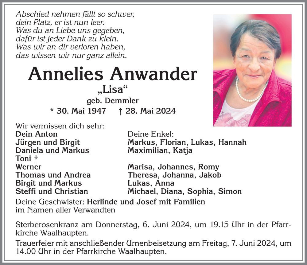 Traueranzeige von Annelies Anwander von Allgäuer Zeitung, Kaufbeuren/Buchloe