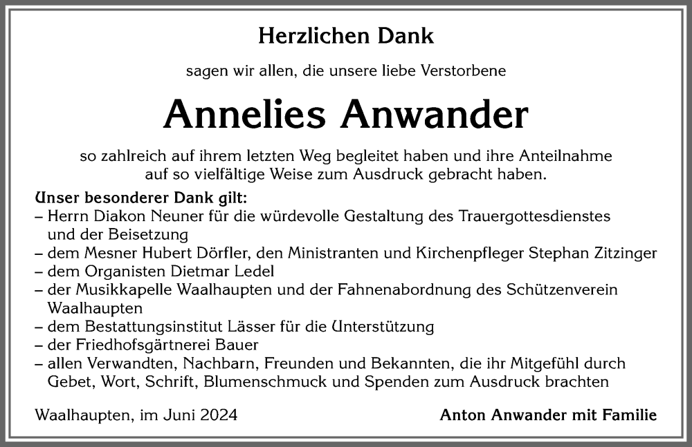 Traueranzeige von Annelies Anwander von Allgäuer Zeitung, Kaufbeuren/Buchloe