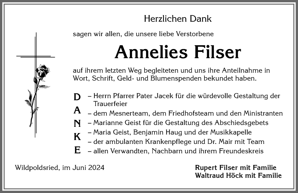 Traueranzeige von Annelies Filser von Allgäuer Zeitung,Kempten