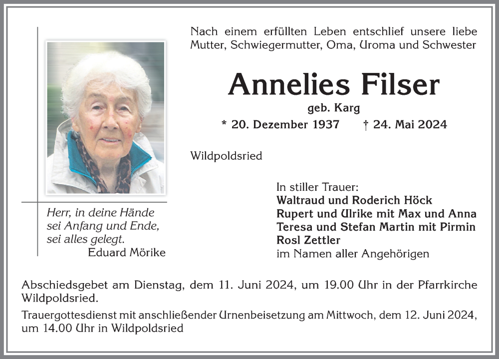 Traueranzeige von Annelies Filser von Allgäuer Zeitung,Kempten