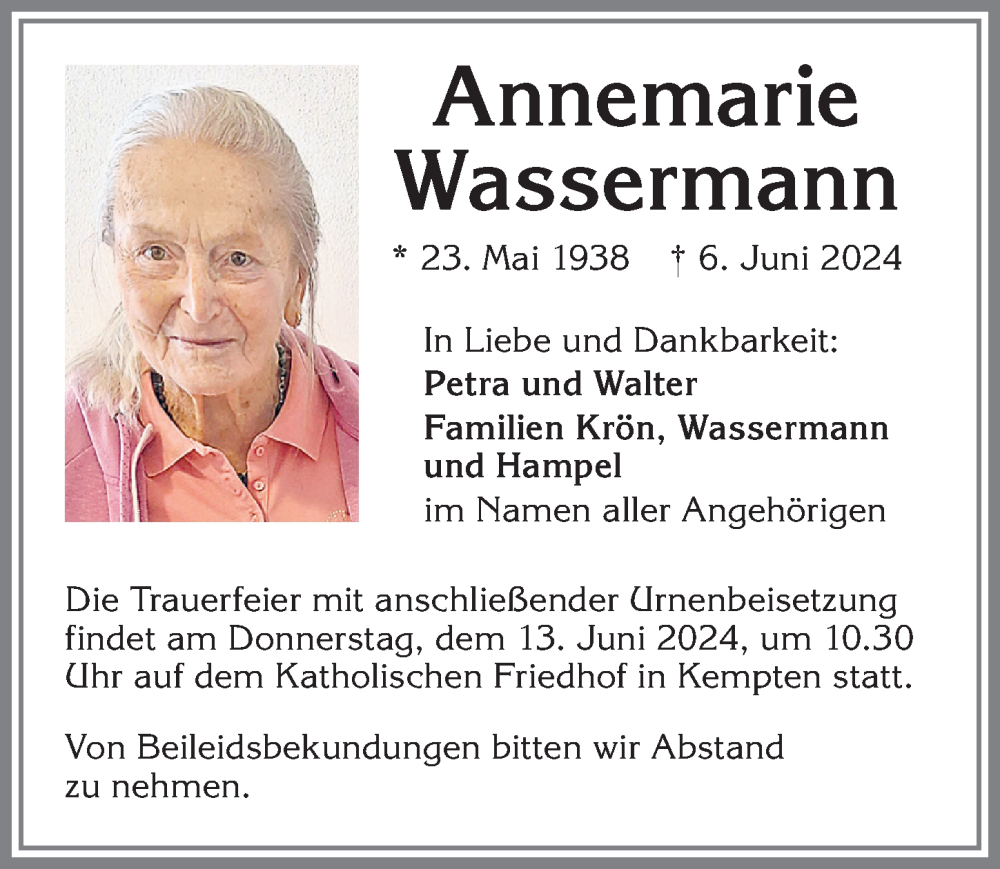 Traueranzeige von Annemarie Wassermann von Allgäuer Zeitung,Kempten