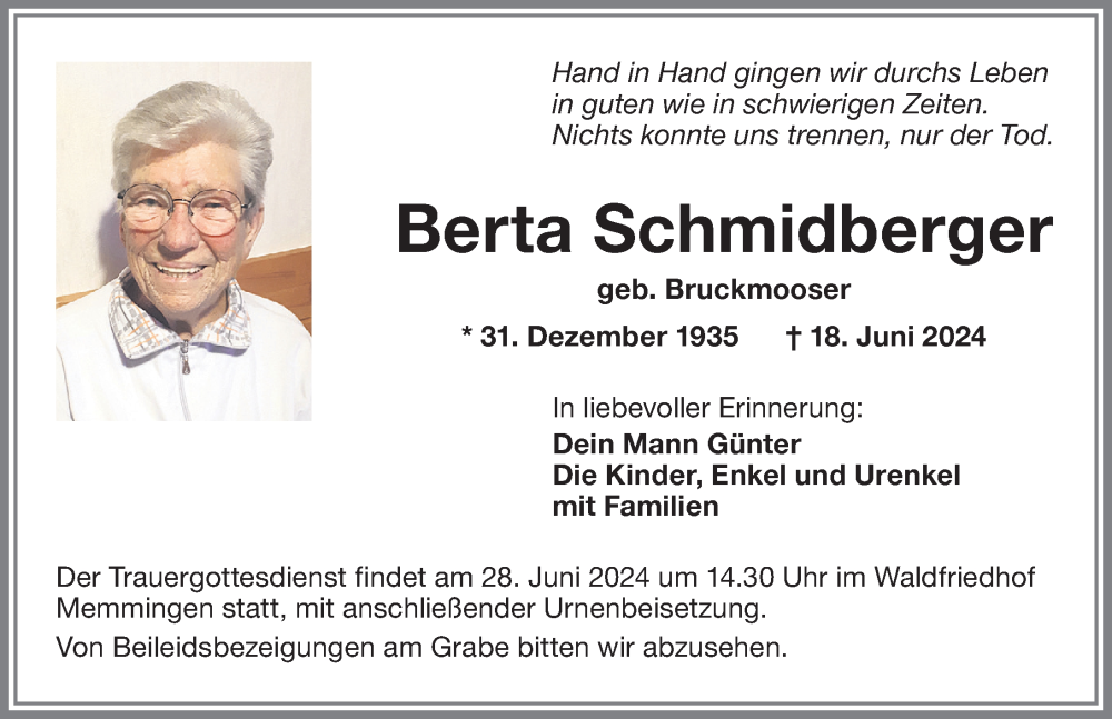 Traueranzeige von Berta Schmidberger von Memminger Zeitung