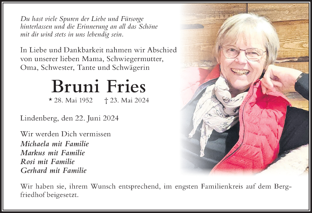 Traueranzeige von Bruni Fries von Der Westallgäuer