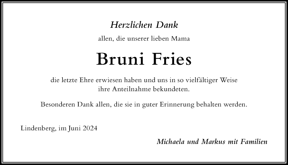 Traueranzeige von Bruni Fries von Der Westallgäuer