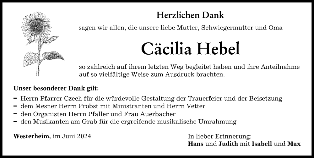 Traueranzeige von Cäcilia Hebel von Memminger Zeitung