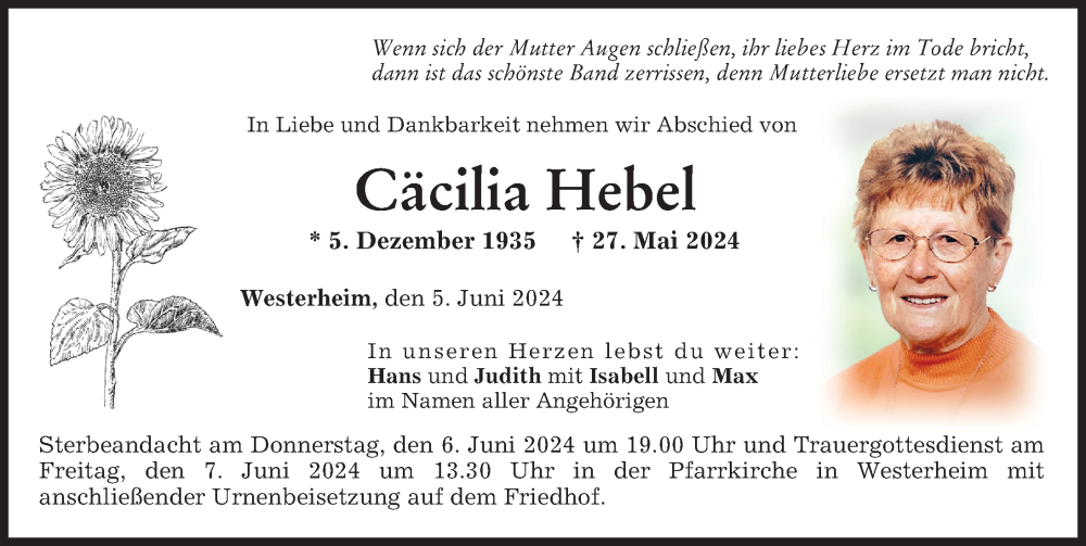 Traueranzeige von Cäcilia Hebel von Memminger Zeitung