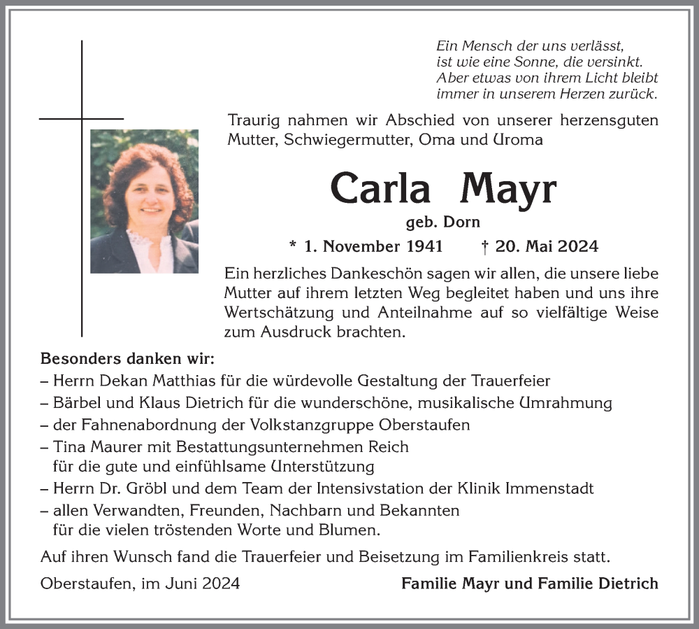 Traueranzeige von Carla Mayr von Allgäuer Anzeigeblatt