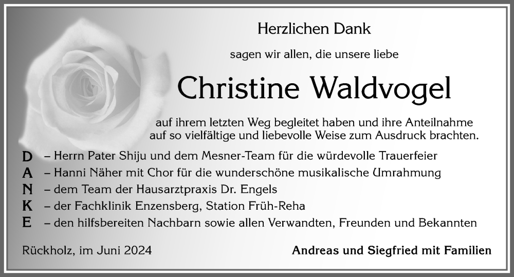 Traueranzeige von Christine Waldvogel von Allgäuer Zeitung, Füssen