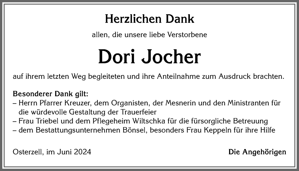 Traueranzeige von Dori Jocher von Allgäuer Zeitung, Kaufbeuren/Buchloe