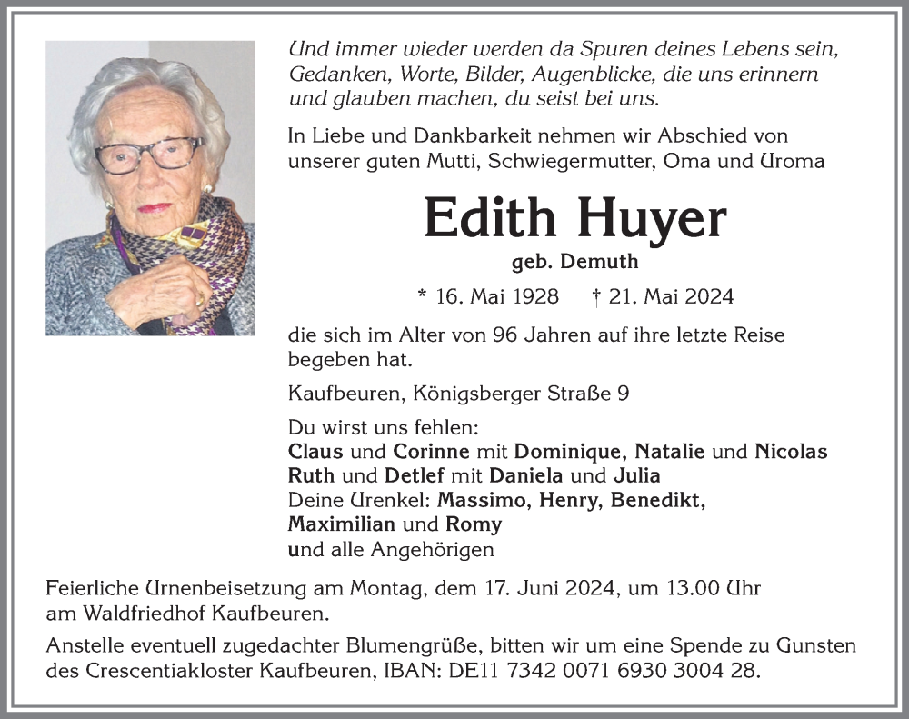 Traueranzeige von Edith Huyer von Allgäuer Zeitung, Kaufbeuren/Buchloe