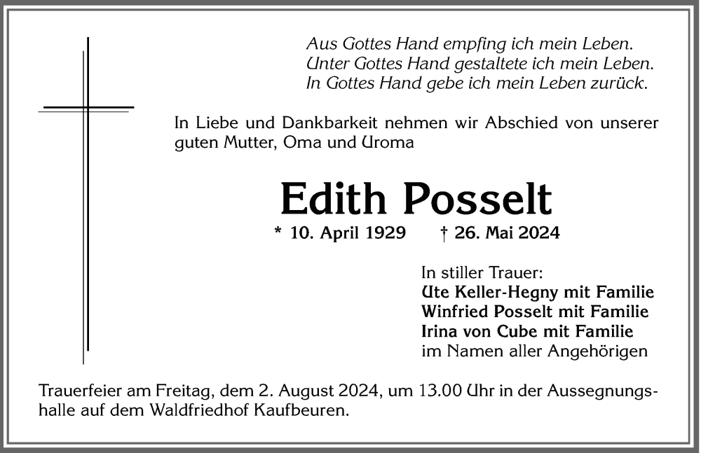 Traueranzeige von Edith Posselt von Allgäuer Zeitung, Kaufbeuren/Buchloe