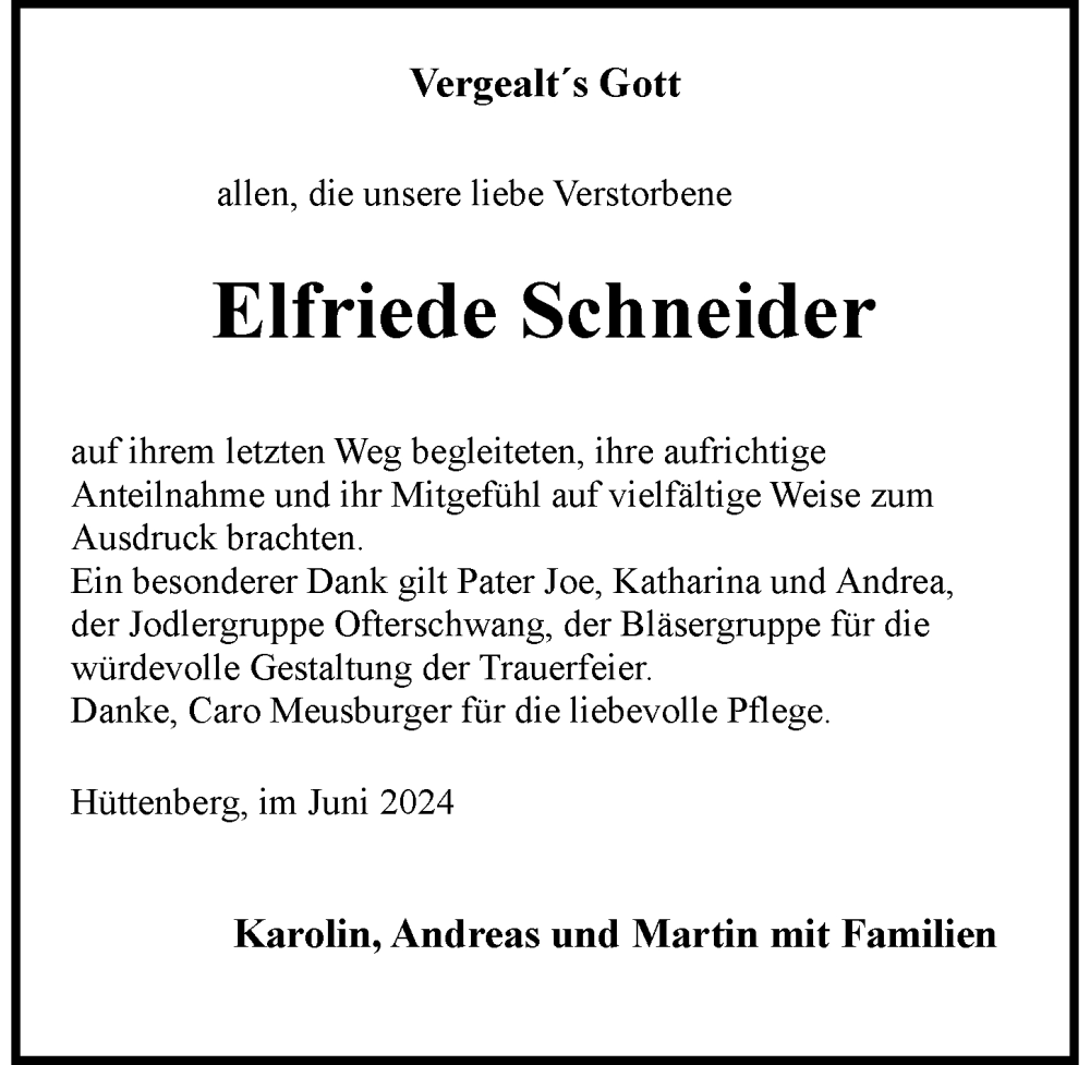 Traueranzeige von Elfriede Schneider von Allgäuer Anzeigeblatt