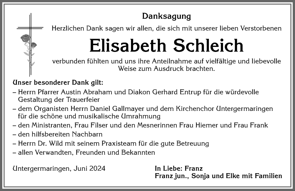 Traueranzeige von Elisabeth Schleich von Allgäuer Zeitung, Kaufbeuren/Buchloe