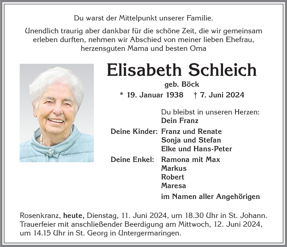 Traueranzeige von Elisabeth Schleich von Allgäuer Zeitung, Kaufbeuren/Buchloe