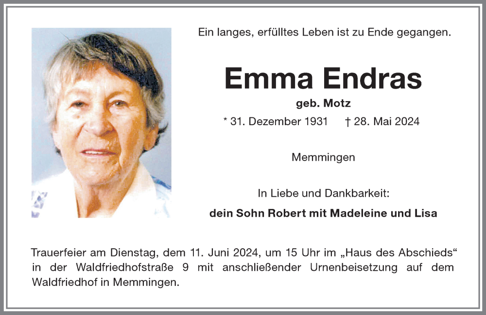 Traueranzeige von Emma Endras von Memminger Zeitung