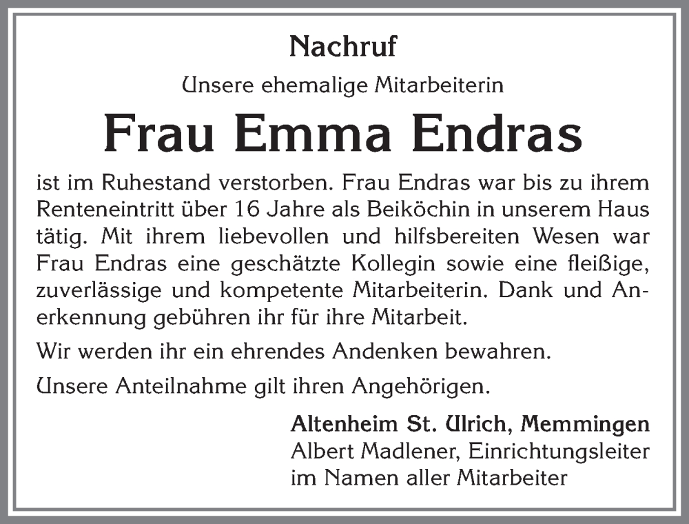 Traueranzeige von Emma Endras von Memminger Zeitung