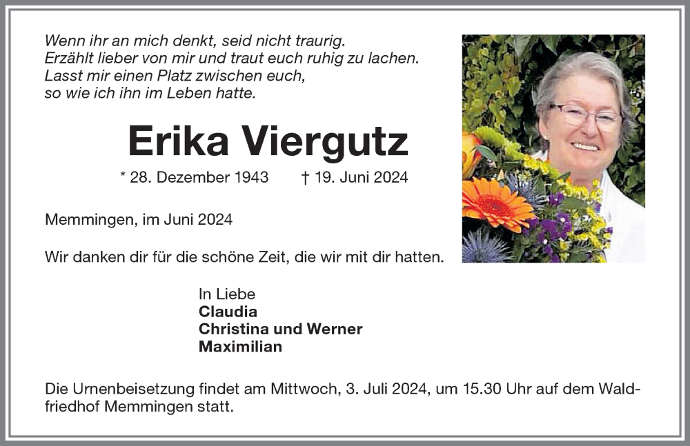 Traueranzeige von Erika Viergutz von Memminger Zeitung