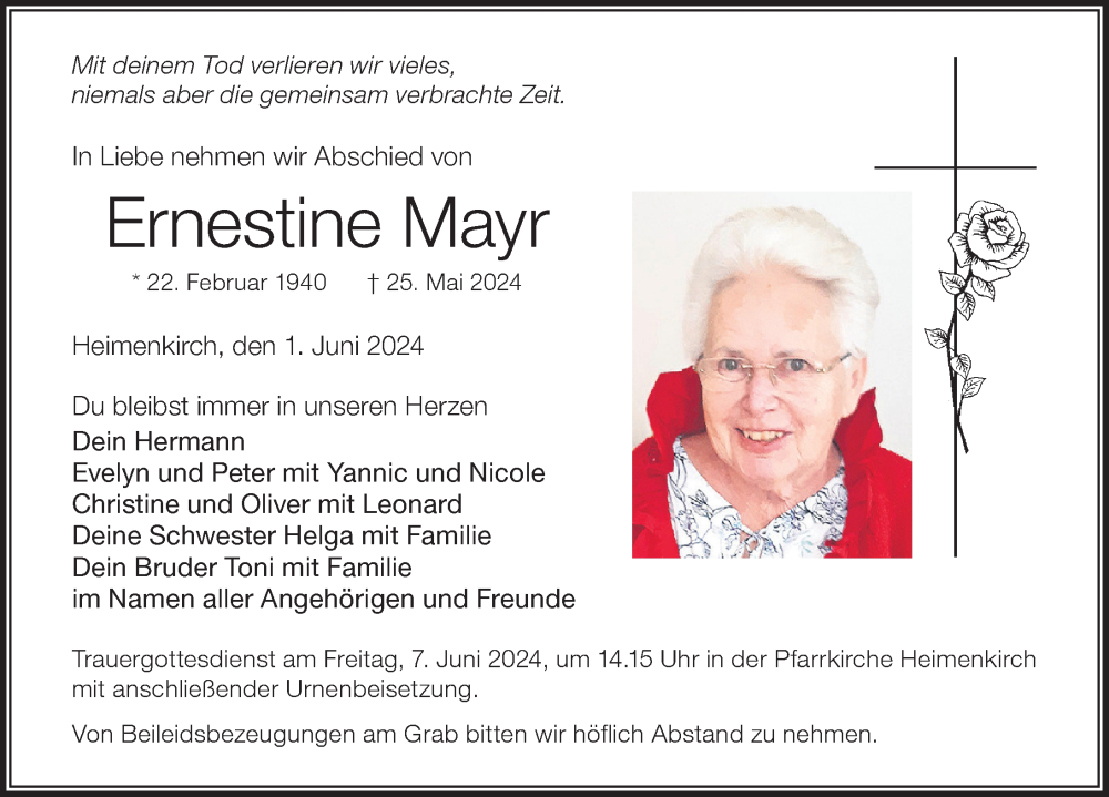 Traueranzeige von Ernestine Mayr von Der Westallgäuer