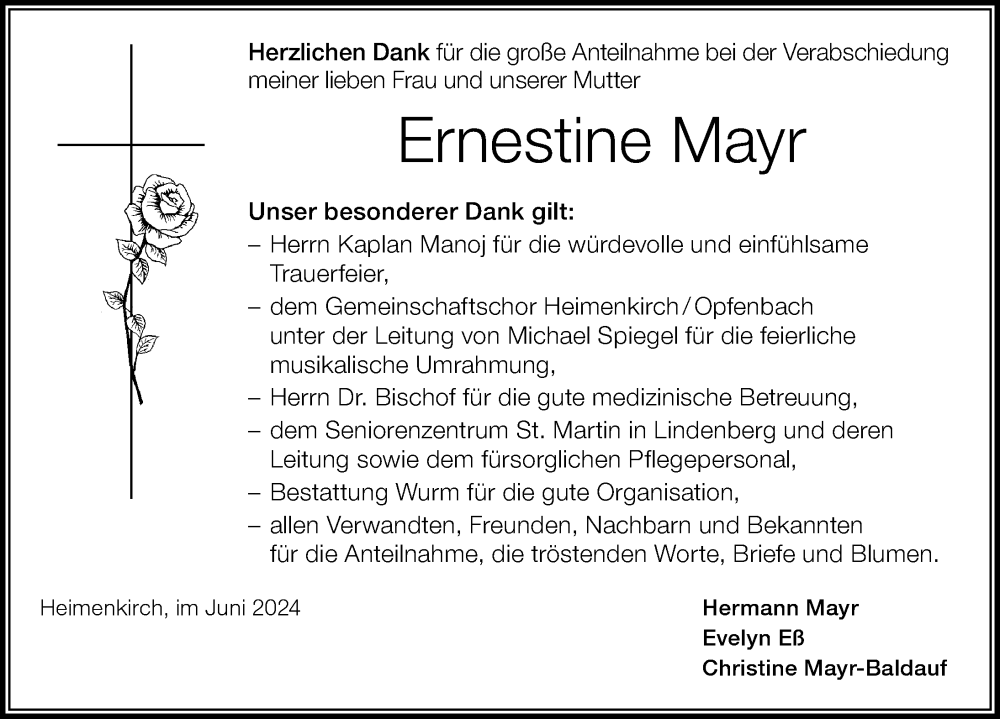 Traueranzeige von Ernestine Mayr von Der Westallgäuer