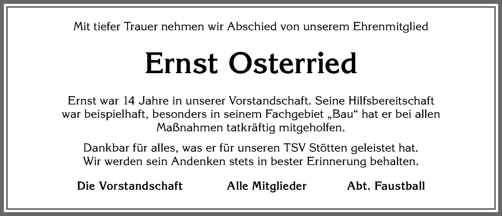 Traueranzeige von Ernst Osterried von Allgäuer Zeitung, Marktoberdorf