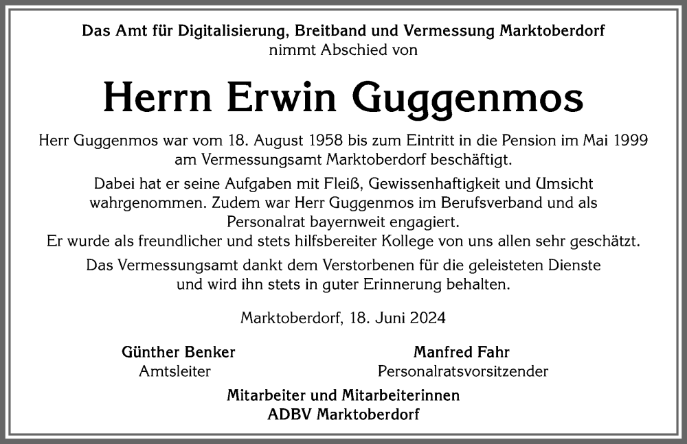 Traueranzeige von Erwin Guggenmos von Allgäuer Zeitung, Marktoberdorf