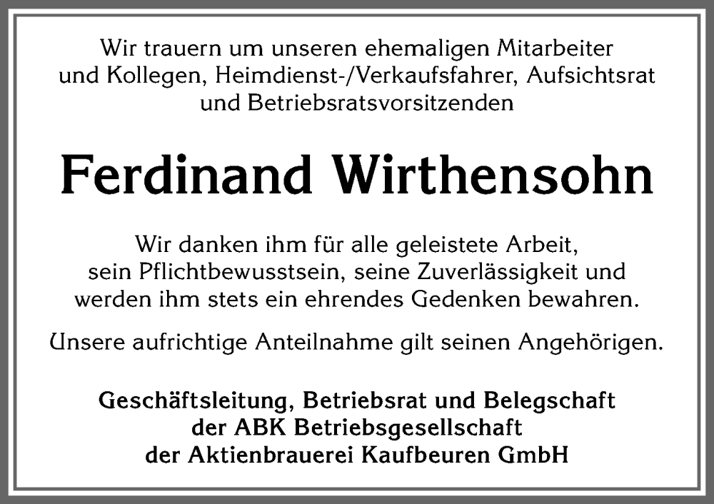 Traueranzeige von Ferdinand Wirthensohn von Allgäuer Zeitung, Kaufbeuren/Buchloe