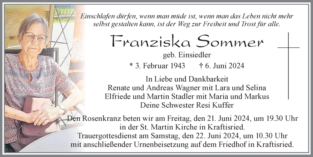 Traueranzeige von Franziska Sommer von Allgäuer Zeitung, Marktoberdorf