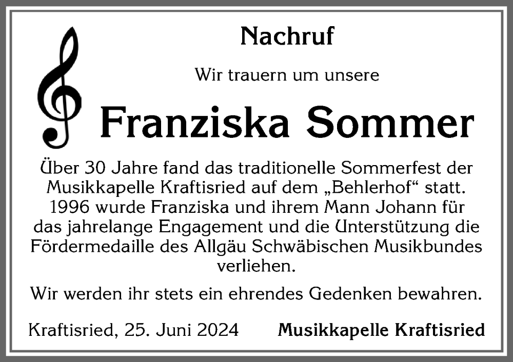 Traueranzeige von Franziska Sommer von Allgäuer Zeitung, Marktoberdorf